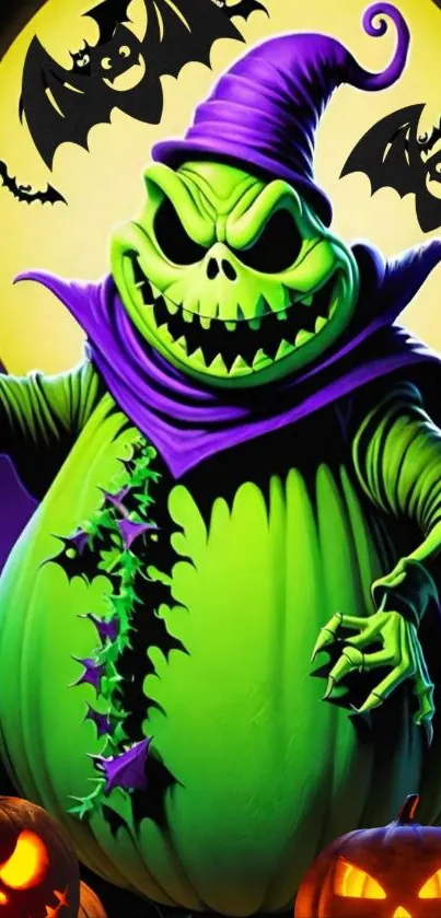 Spooky green Halloween creature with bats and pumpkin accents.