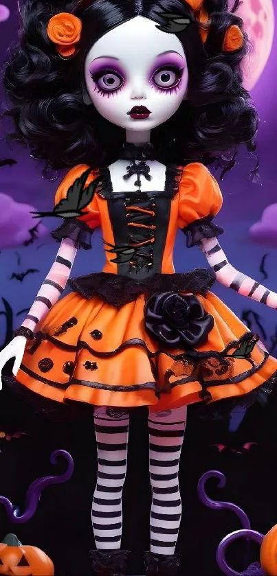 Creepy doll in Halloween costume with pumpkins and purple background.