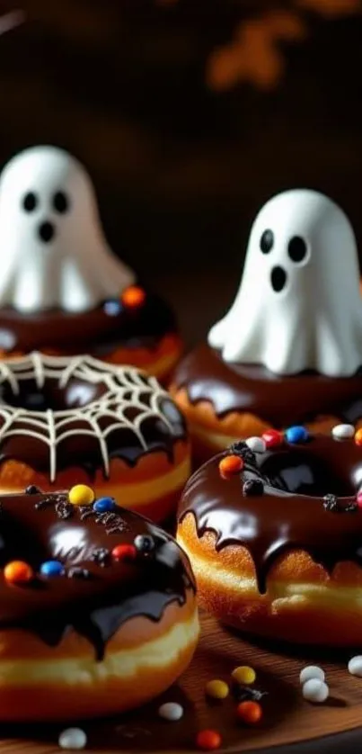 Halloween donuts with ghosts and chocolate toppings.