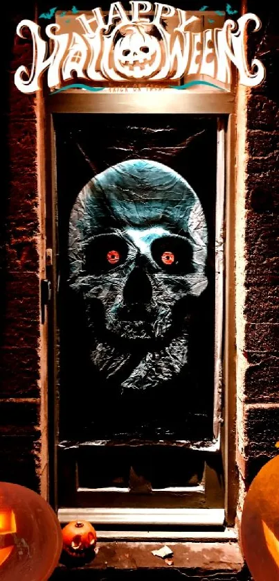 Spooky Halloween door with skull and pumpkins, perfect for phone wallpaper.