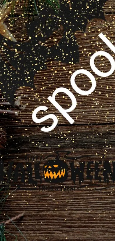 Spooky Halloween wallpaper with bats and glitter on wood texture.