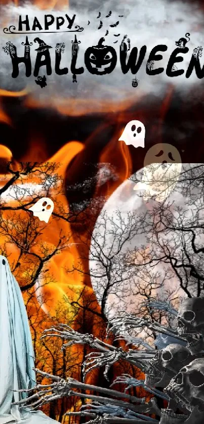 Spooky Halloween mobile wallpaper with ghostly figures and fiery flames.