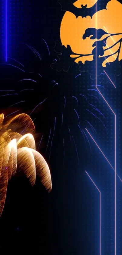 Halloween wallpaper with moon and fireworks.