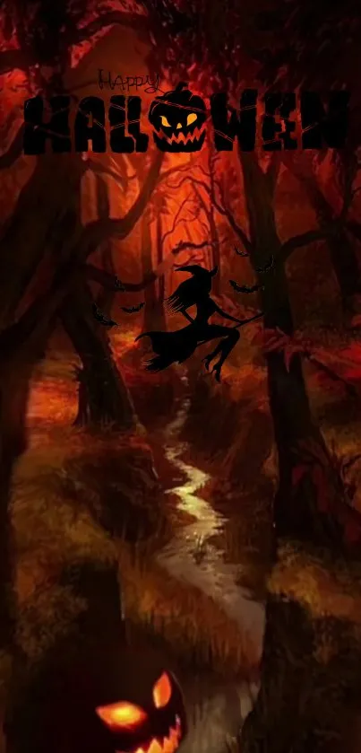 Spooky Halloween forest wallpaper with witch and pumpkins.