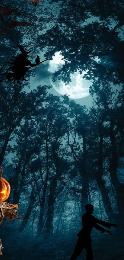 Spooky forest wallpaper with witch, moon, scarecrow, zombie shadow.
