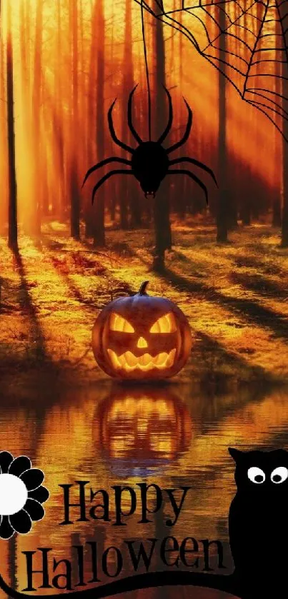 Spooky forest scene with Halloween decorations and sunset glow