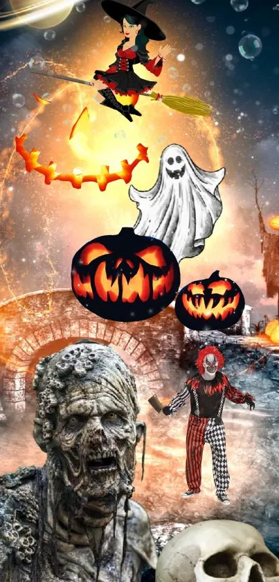 Spooky Halloween wallpaper with ghost, skull, and cosmic backdrop.
