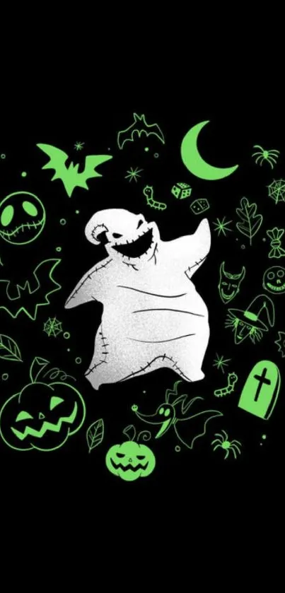 Halloween ghost art with spooky icons on a black background.