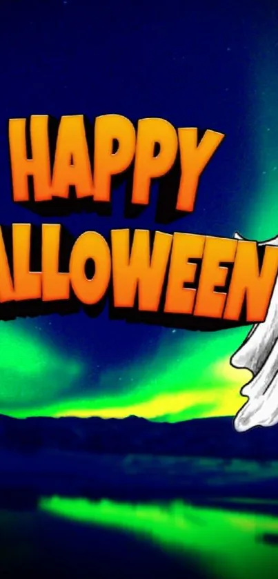Happy Halloween ghost with green aurora background.