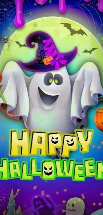 Spooky ghost wearing a witch hat with bright green Happy Halloween text.