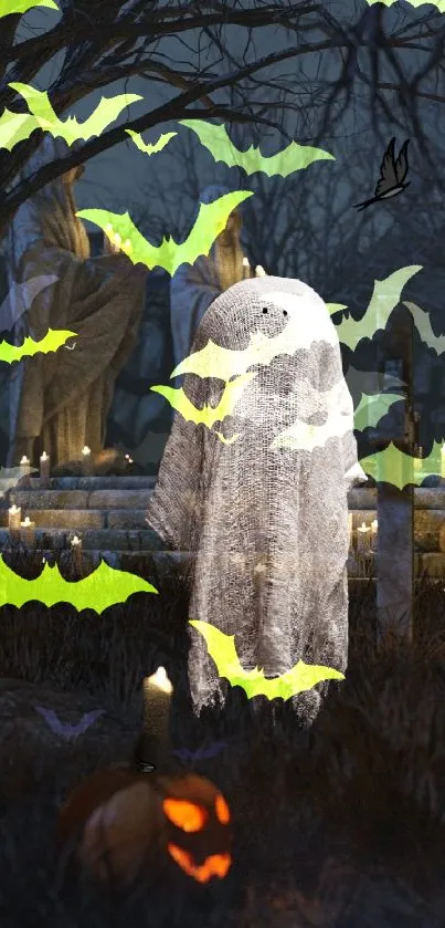 Ghostly figure and bats in dark Halloween scene.