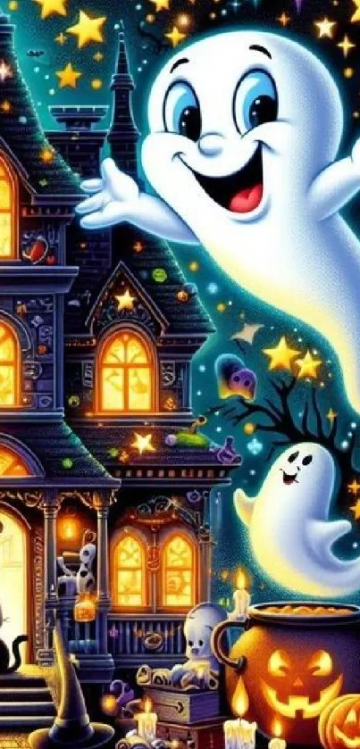 Playful ghost and haunted mansion Halloween wallpaper with jack-o'-lantern.