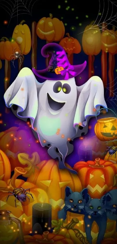 Cute ghost and pumpkins Halloween mobile wallpaper.