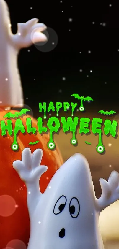 Vibrant Halloween wallpaper with playful ghosts and bright festive decorations.