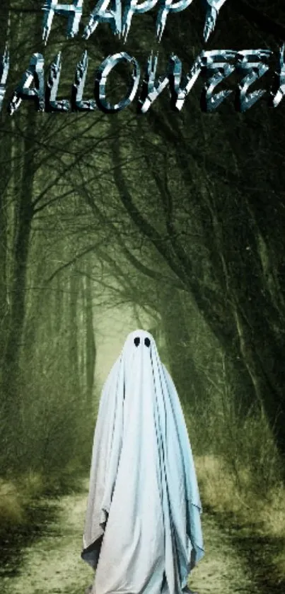 Spooky ghost in forest with Halloween text.