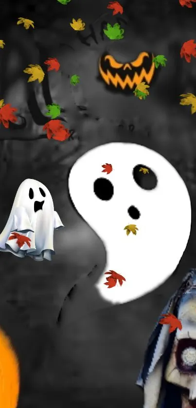 Spooky Halloween wallpaper with ghosts, pumpkins, and autumn leaves.