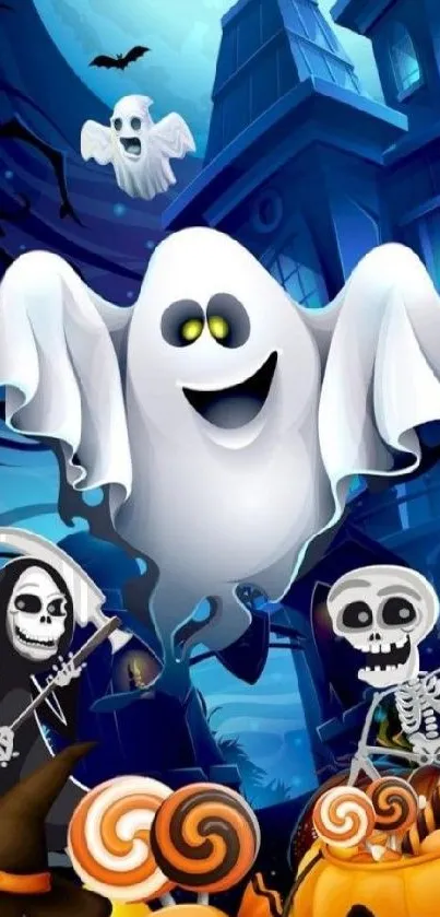 Spooky cartoon Halloween scene with ghosts and skeletons.