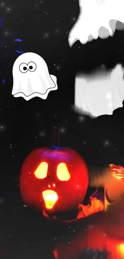 Halloween wallpaper with glowing pumpkin and cartoon ghosts.