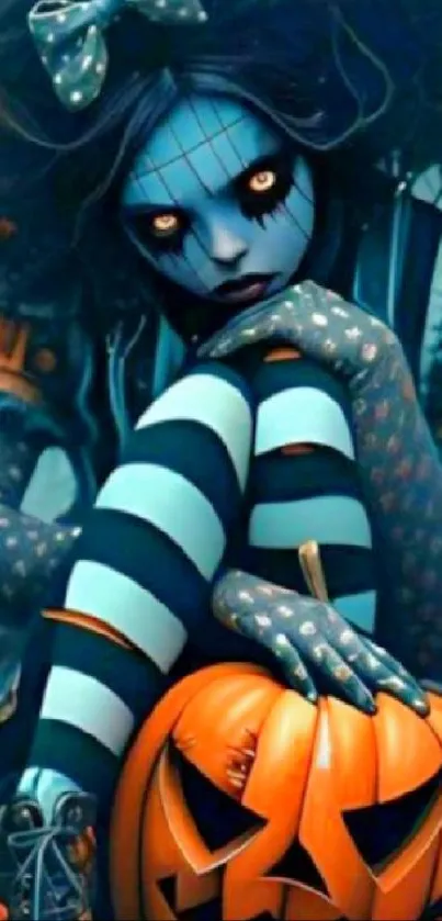 Gothic character with pumpkin in vibrant fantasy art style.