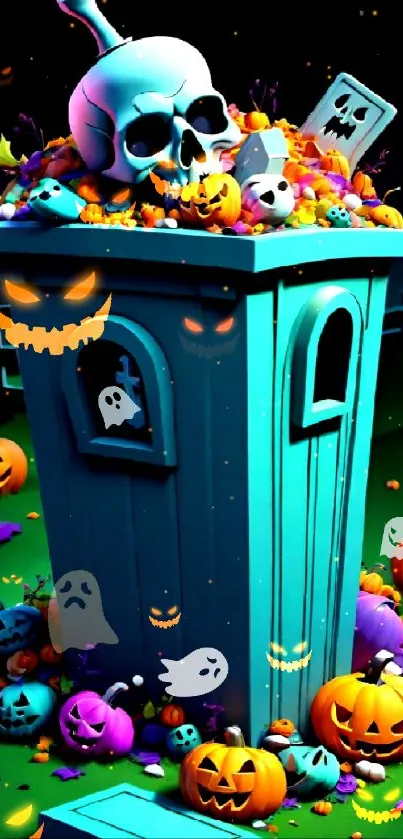 Vibrant Halloween graveyard with pumpkins and skulls.
