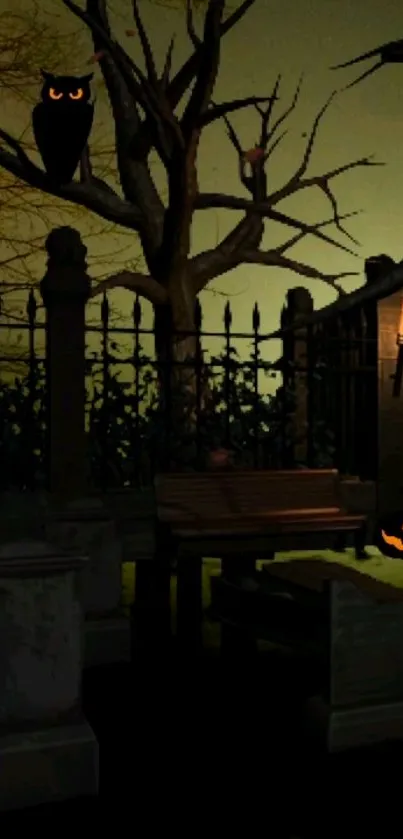 Spooky graveyard with pumpkins and owls in dark Halloween theme.