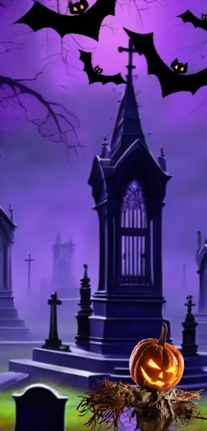 Spooky Halloween graveyard with flying bats and pumpkin.