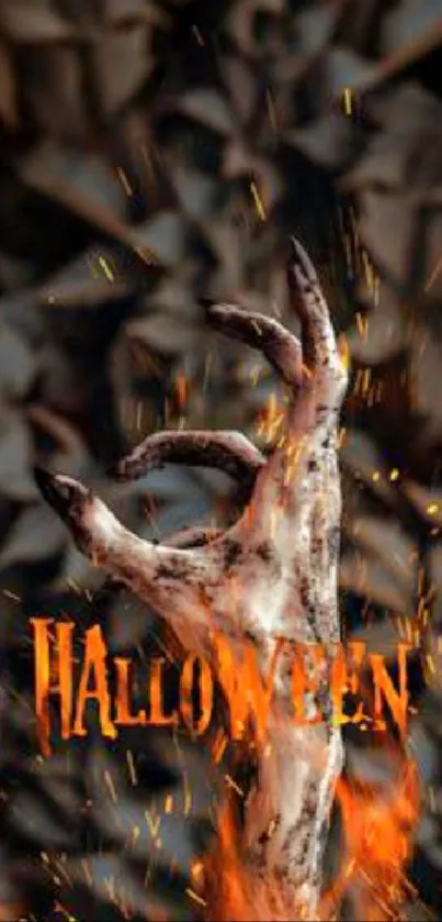 Skeletal hand Halloween wallpaper with flames.