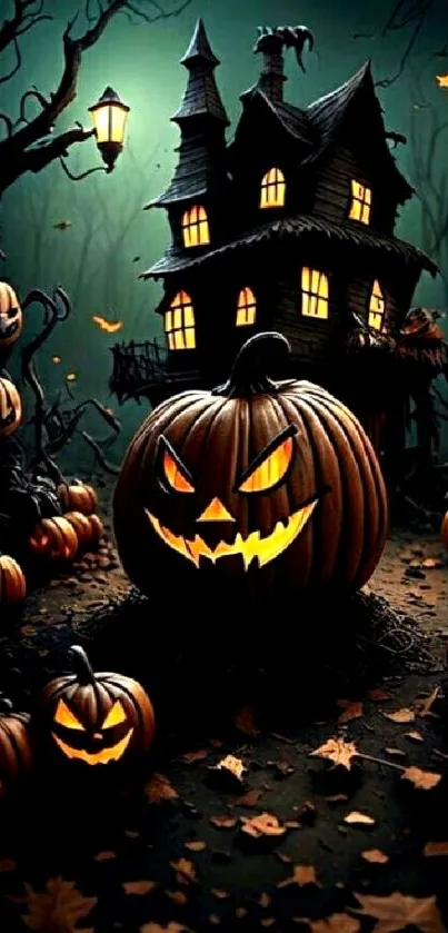 Spooky Halloween wallpaper with haunted house and glowing pumpkins.