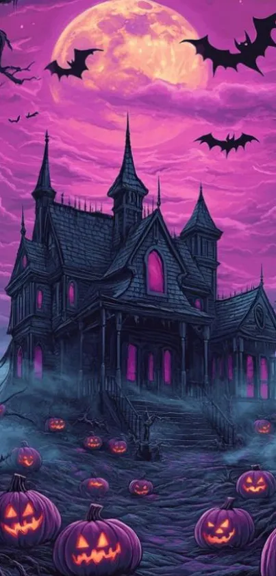 Haunted house Halloween wallpaper with pink moon, bats, and glowing pumpkins.