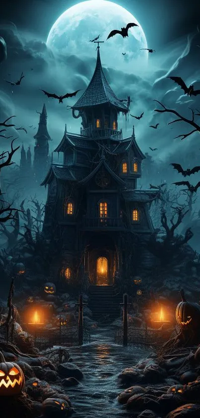 Haunted house with bats and pumpkins under a full moon on Halloween night.