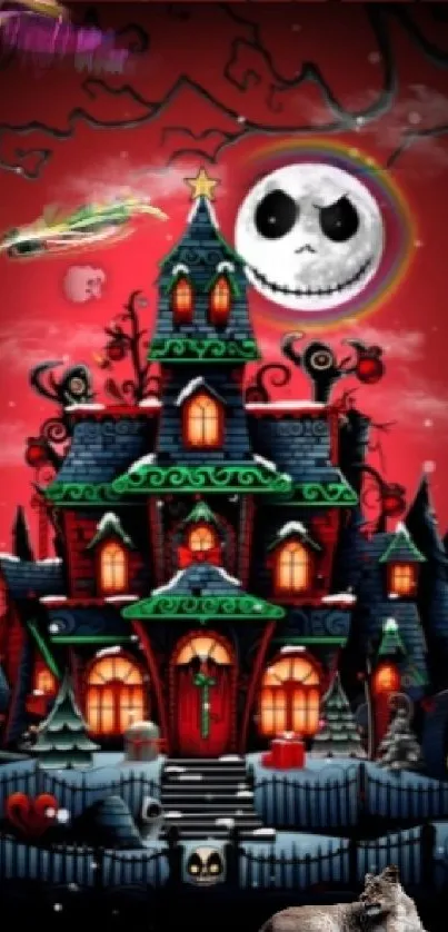 A spooky haunted house under a red moonlit night, perfect for Halloween.