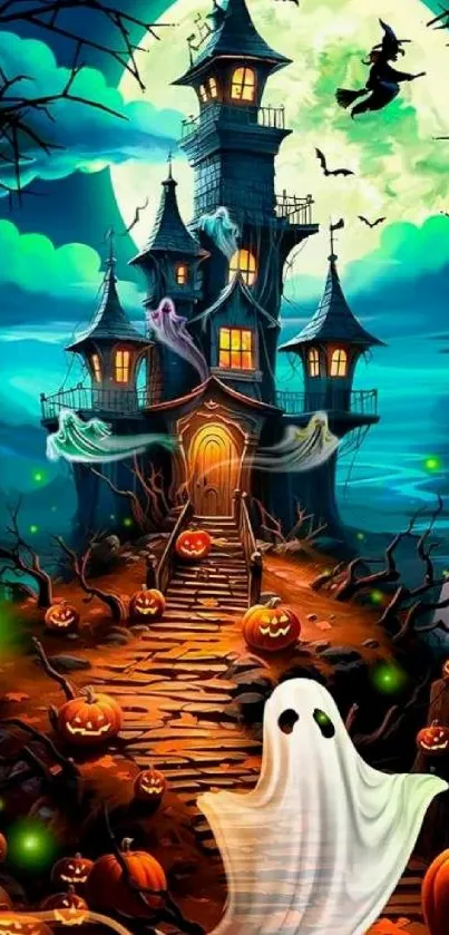 Spooky Halloween haunted house with witch, ghost, and pumpkins under full moon.