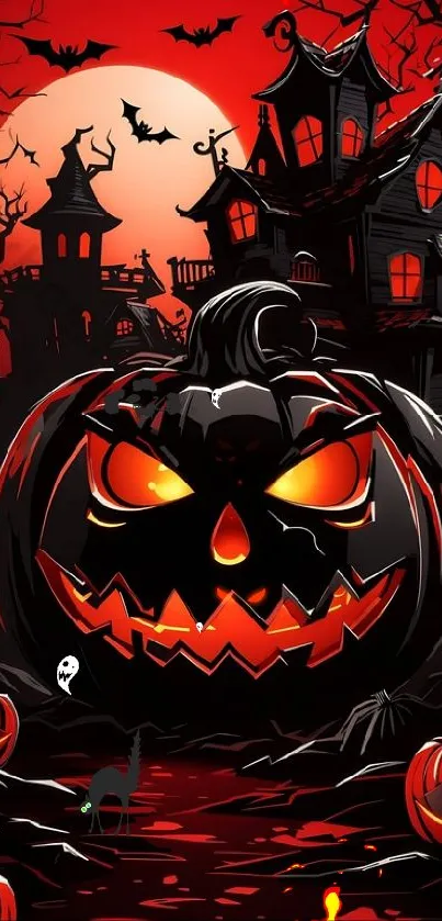 Spooky Halloween scene with haunted house and pumpkins under a red moon.