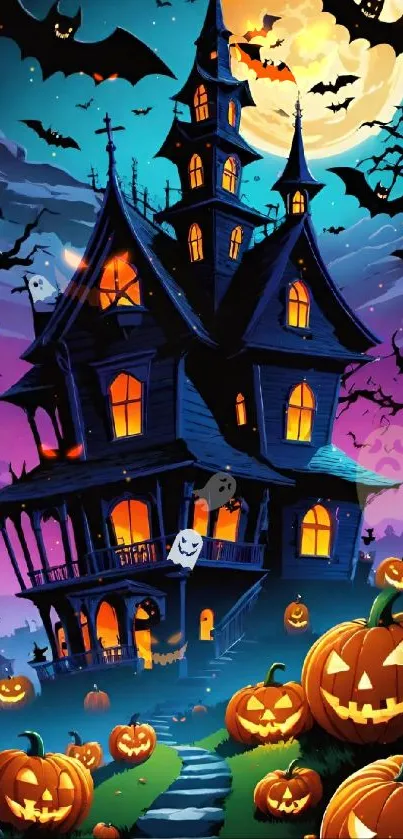 Halloween haunted house with pumpkins and moonlight.