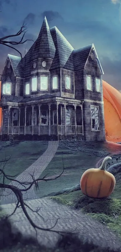 Eerie haunted house with pumpkins under a moonlit sky in a spooky Halloween scene.