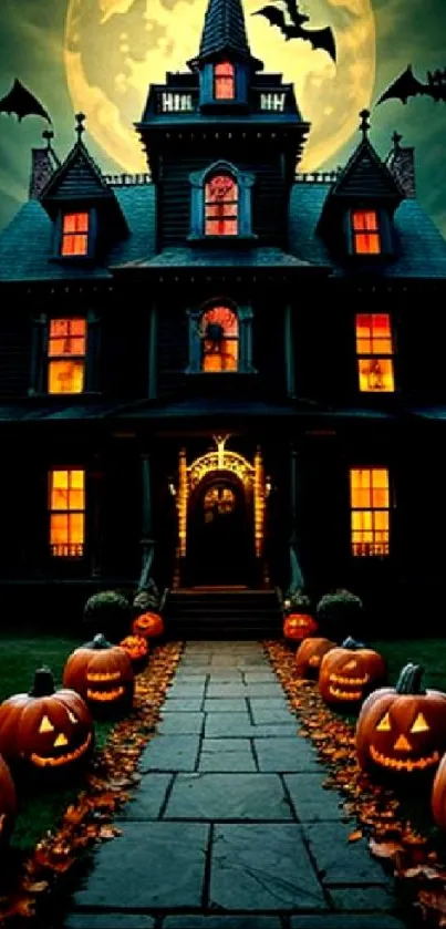 Spooky haunted house with pumpkins and bats in Halloween ambiance.