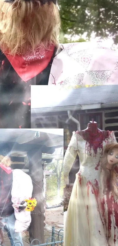 Halloween horror collage with scarecrows and creepy decor.