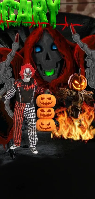 Scary Halloween wallpaper with clown and pumpkins.