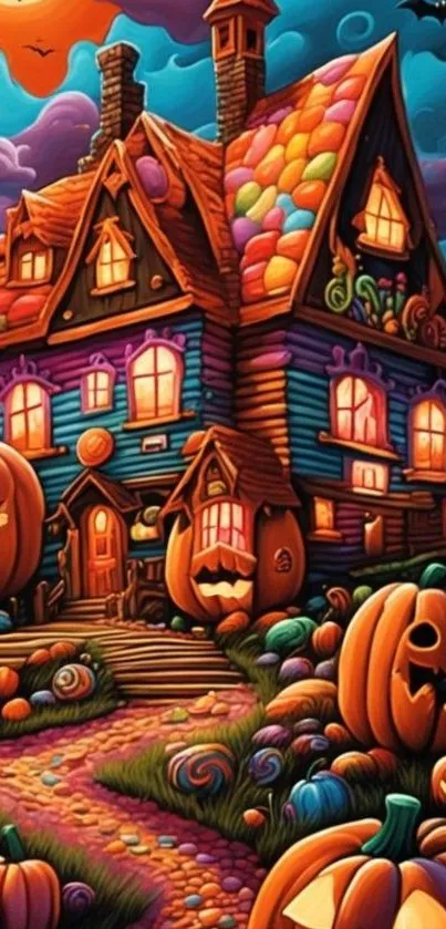 Colorful Halloween house with pumpkins.