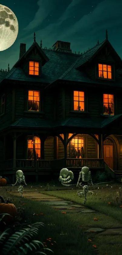 Spooky haunted house with glowing windows at night.