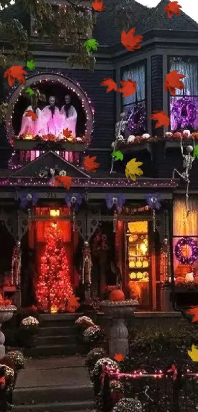 Spooky Halloween house with eerie decorations and colorful lights.