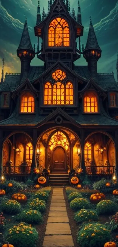 Gothic mansion with glowing windows and pumpkins creating a spooky Halloween scene.