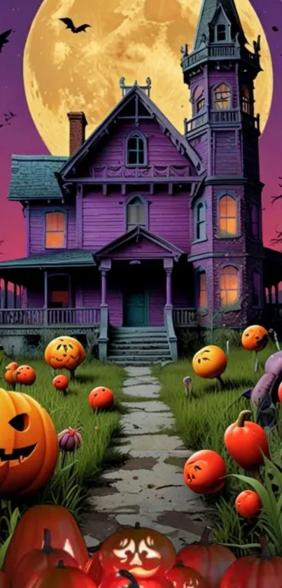 Eerie haunted house with pumpkins and a full moon in the background.