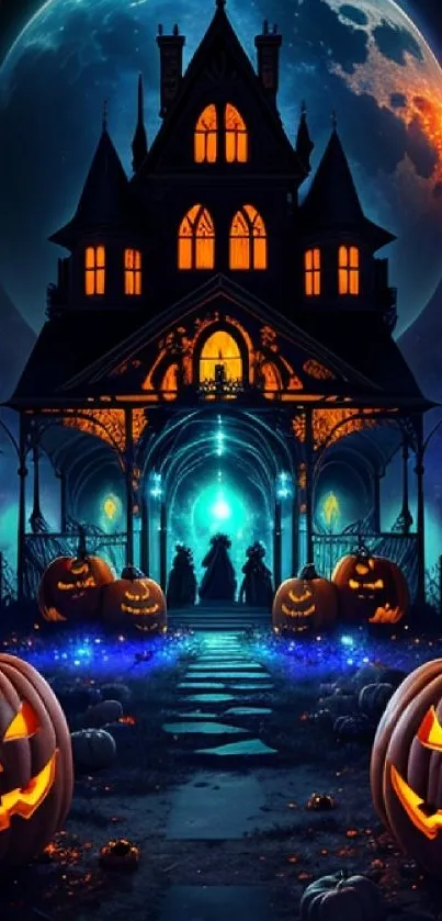 Halloween house with pumpkins and full moon in spooky wallpaper.