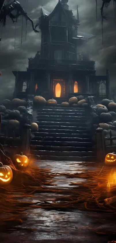 Spooky haunted house with glowing pumpkins.