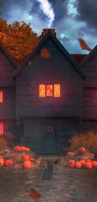 Halloween house with glowing pumpkins and a dark, eerie sky.