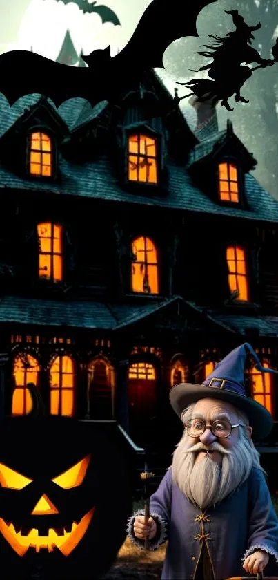 Halloween wallpaper with haunted house and wizard.