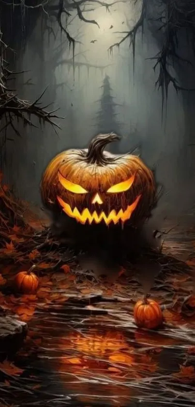 Spooky jack-o'-lantern in dark forest with glowing eyes on mobile wallpaper.