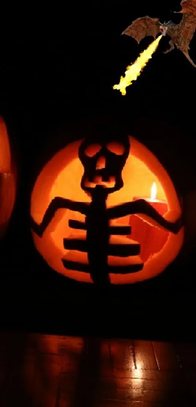 Three glowing Jack-o'-Lanterns with dragon on dark background.