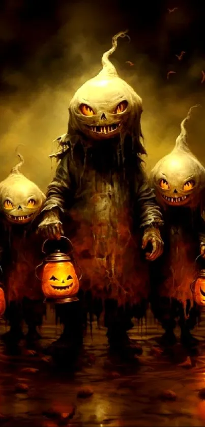 Spooky pumpkin creatures hold lanterns in a Halloween-themed mobile wallpaper.